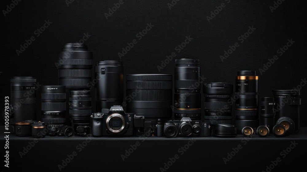 Poster A collection of professional camera equipment and lenses arranged on a dark background.