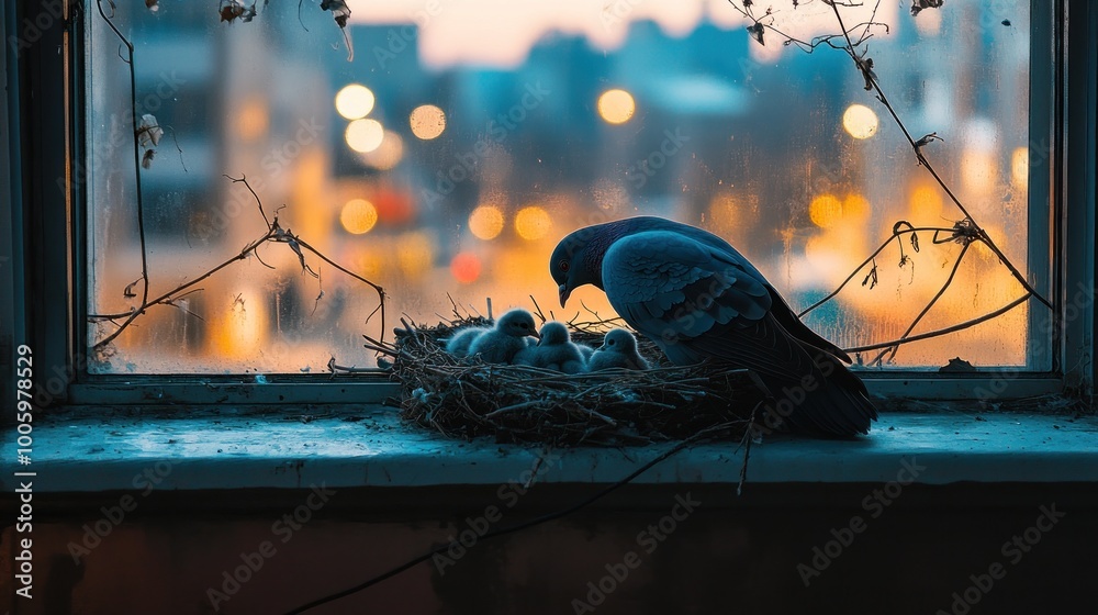 Wall mural A pigeon tending to its chicks in a nest on a windowsill with a blurred city backdrop.