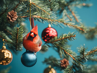Festive Red Cardinal Hanging from Christmas Ornament