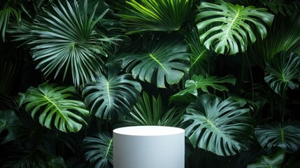 A white pedestal surrounded by lush green tropical leaves, creating a serene atmosphere.