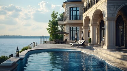 Fototapeta premium A stunning lakefront mansion with an elegant pool and outdoor seating, offering breathtaking views of the water's edge in summer