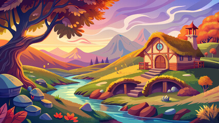 A picturesque landscape with a quaint hobbit-style cottage nestled among rolling hills, a winding stream, and a large, gnarled tree in the foreground. The scene has a warm, autumnal color palette