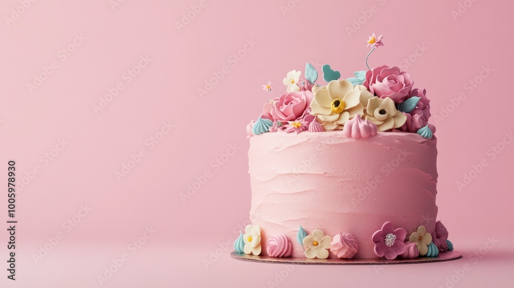 Wall mural A beautifully decorated pink cake adorned with floral designs on a pastel background.