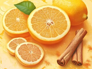 A vibrant display of citrus freshness, where the zesty aroma of sliced lemons mingles with the warm, spicy scent of cinnamon sticks.