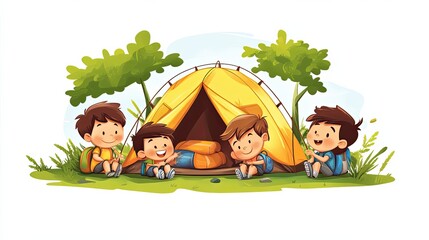 Naklejka premium Four Boys Sitting Outside a Yellow Tent in a Green Forest