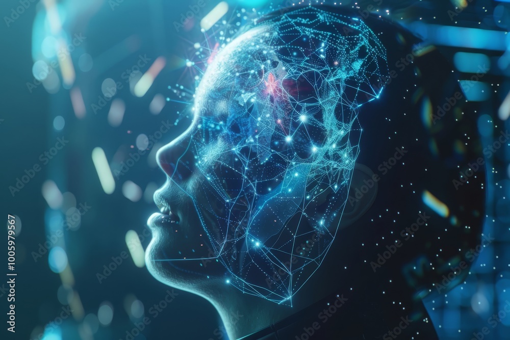 Poster exploring the fusion of technology and humanity through a digital portrait of a face illuminated by 