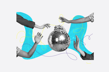 Composite collage picture image of hands hold discoball enjoy party retro discotheque fantasy billboard comics zine minimal