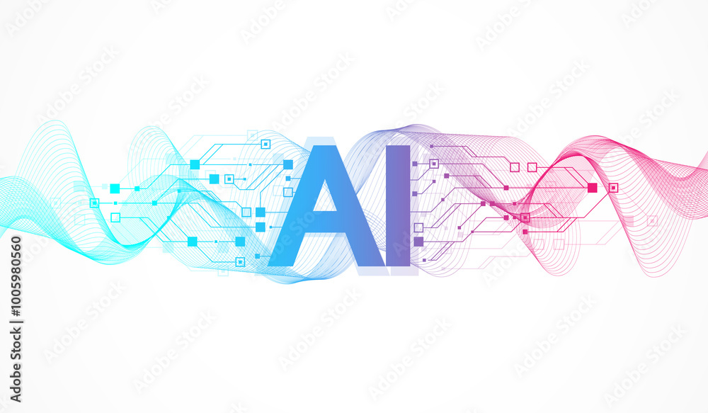 Aufkleber Artificial Intelligence or machine learning illustration design. Quantum computer technology concept with circuit board and motherboard texture background design. Waves flow quantum explosion