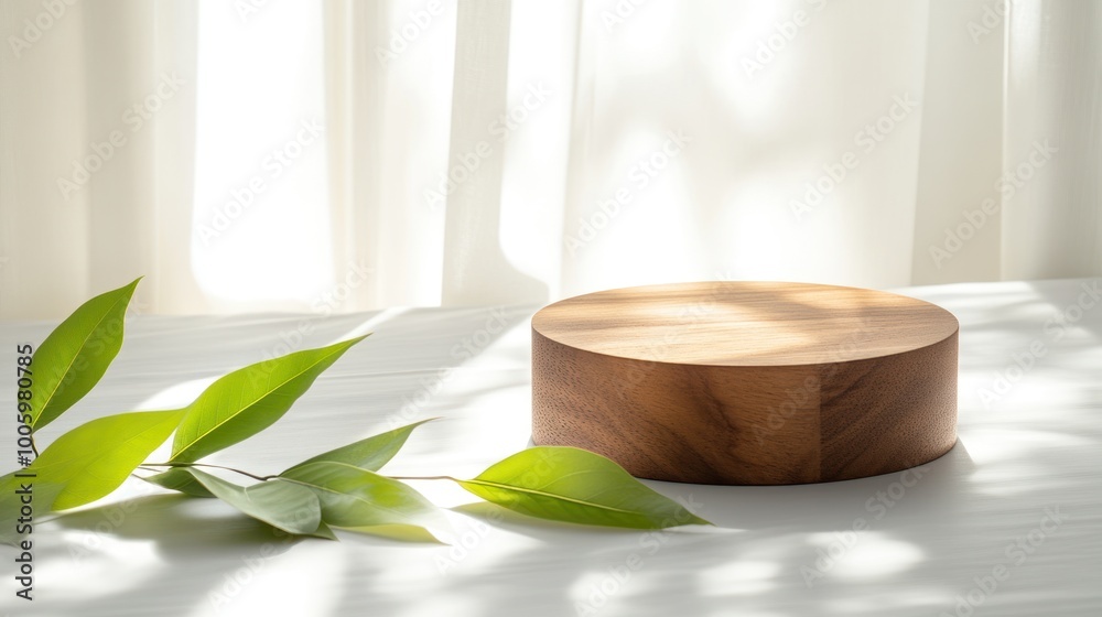 Canvas Prints A wooden circular object on a light surface with green leaves, creating a serene atmosphere.