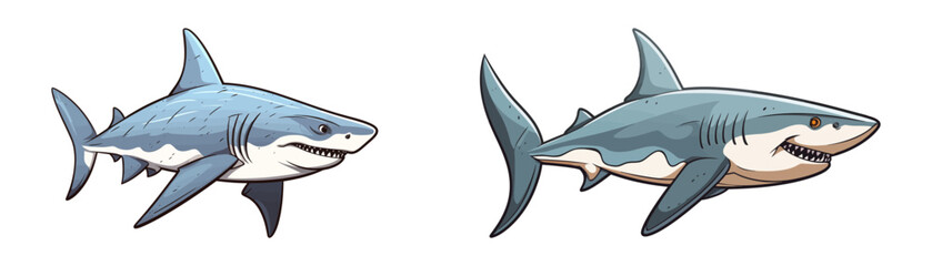 Fototapeta premium Vector illustration of two fierce great white sharks swimming with visible teeth. Ideal for marine life, ocean, or wildlife-themed designs. Generative AI.