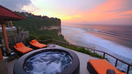A serene view of a hot tub overlooking the ocean at sunset.