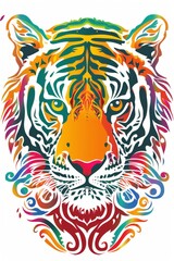 Fototapeta premium A striking and vibrant illustration of a tiger's head featuring intricate patterns and bold, multicolored designs.