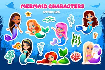 Fototapeta premium Cartoon mermaid characters stickers of cute underwater little girls with sea animals, vector icons. Cartoon baby mermaid characters of undersea water princess and pretty sirens in ocean water