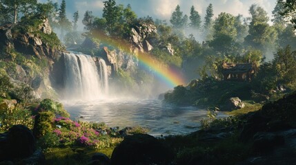 A serene landscape featuring a waterfall, rainbow, and lush greenery.