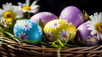 Fototapeta premium vibrant colored Easter eggs in a wicker basket