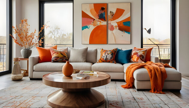 Bright modern living room, colorful accents sofa with textured cushions, a striking knot pillow, and bold artwork creating a unique living room vibe orange area rug, round coffee tables vase