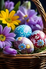 Fototapeta premium vibrant colored Easter eggs in a wicker basket