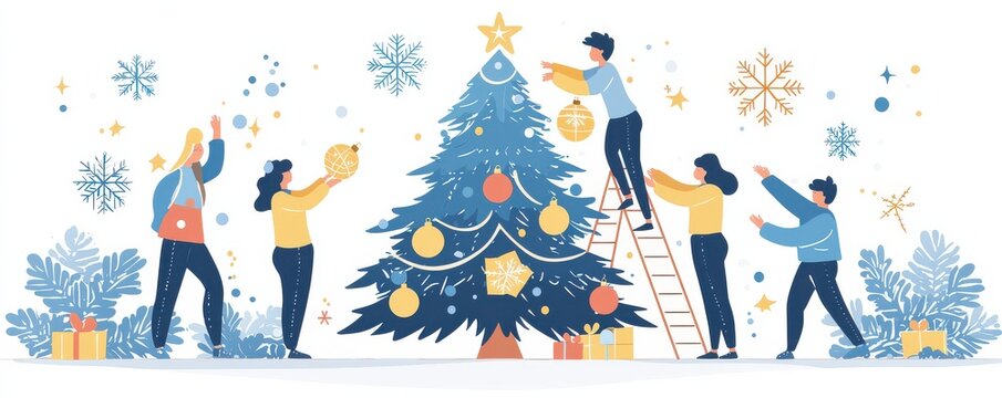 Festive team decorating a Christmas tree with ornaments and lights in a cheerful winter setting with snowflakes and gift boxes around