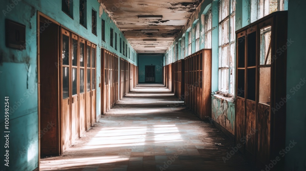 Wall mural Abandoned corridor with sunlight streaming through windows, showcasing decay and neglect.