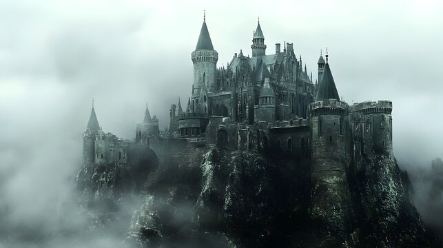 A majestic castle perched atop a towering hilltop with ornate turrets and intricate stone architecture shrouded in a misty ethereal atmosphere that captures the grandeur and mystery of a bygone era