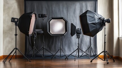 Studio setup featuring various lighting equipment for photography.