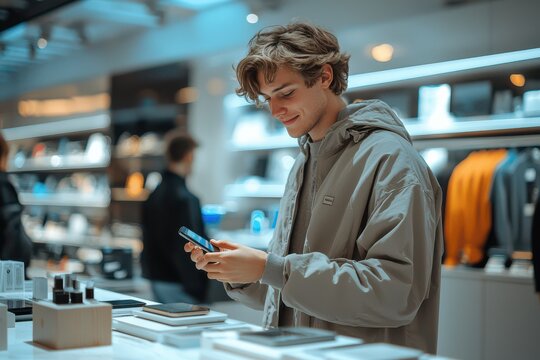 Young man shopping in a modern electronics store, using a smartphone while exploring new gadgets