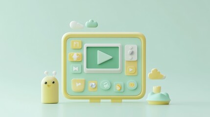 A playful, pastel-colored media player with a cute snail figure and clouds.