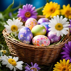 Fototapeta premium vibrant colored Easter eggs in a wicker basket