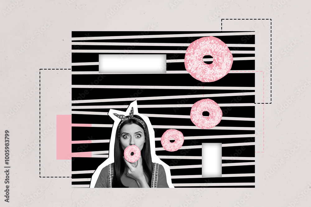 Poster Creative collage picture young girl hungry eat bite doughnut glazed pastry delicious sweet dessert drawing background calories snack