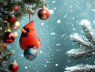 Festive Red Cardinal Hanging from Christmas Ornament