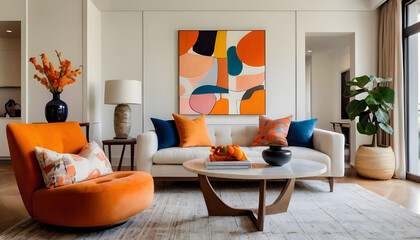Bright modern living room, colorful accents sofa with textured cushions, a striking knot pillow, and bold artwork creating a unique living room vibe orange area rug, round coffee tables vase