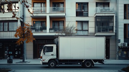 A delivery truck parked outside a residential building