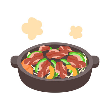 ジンギスカン。フラットなベクターイラスト。
Jingisukan (Japanese grilled mutton dish prepared on a convex metal skillet). Flat vector illustration.