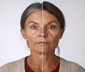 Comparison of a woman's face showing wrinkles and fine lines on one side and a youthful appearance on the other