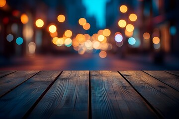 Empty Brown Wooden Table or Floor with Blurred Night Lights Bokeh in City Restaurant Background