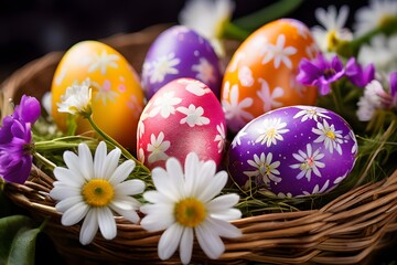 Fototapeta premium vibrant colored Easter eggs in a wicker basket