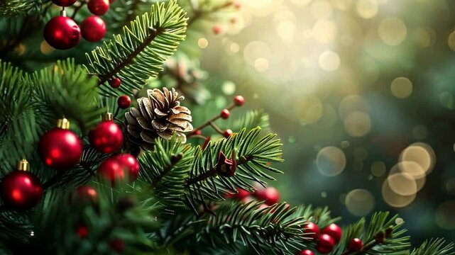 Pine branches with vibrant red berries and a subtle pine cone create a warm and festive atmosphere, reflecting the joy of the holiday season amidst soft, sparkling lights.