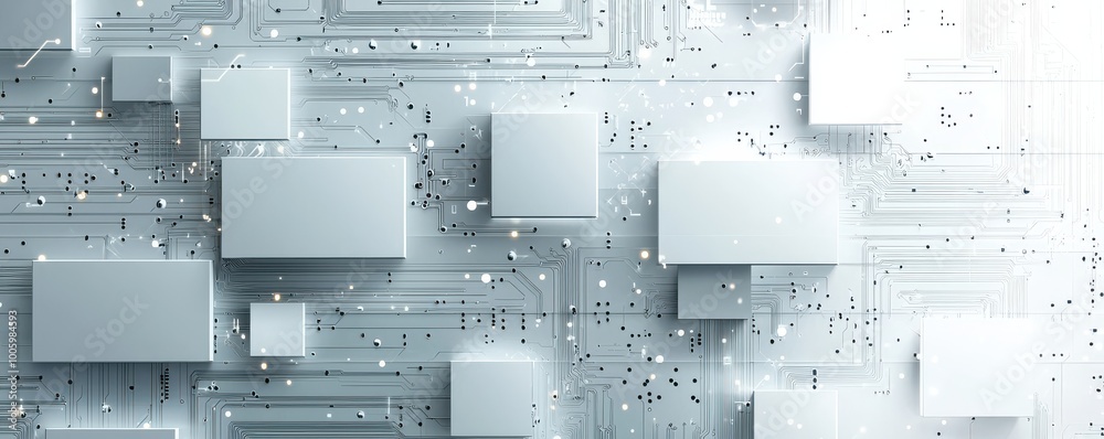Wall mural abstract technology background featuring geometric white squares and circuit lines creating a modern