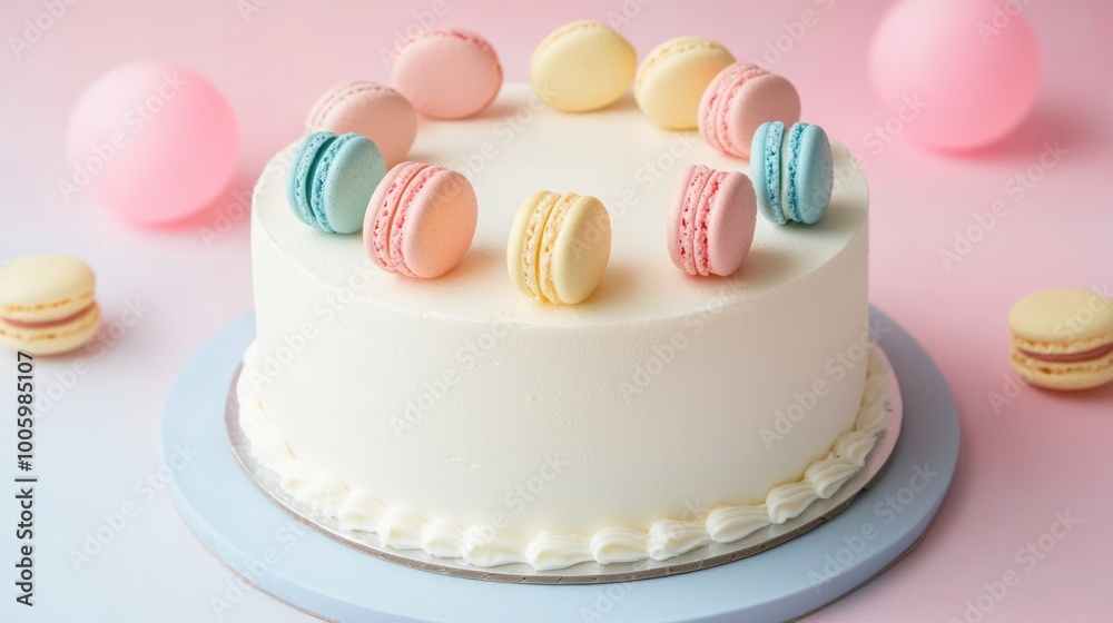 Sticker A decorative cake topped with colorful macarons on a pastel background.