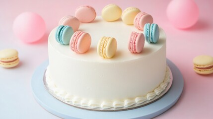 A decorative cake topped with colorful macarons on a pastel background.