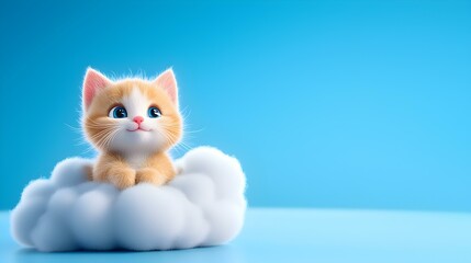 Fototapeta premium Cartoon Kitten on a Soft Cloud, A whimsical scene featuring a playful kitten lounging on a fluffy cloud, styled in soft pastel colors.