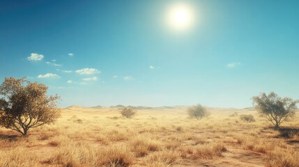 Fototapeta premium A panoramic view of an endless plain, with sparse trees dotting the landscape and the sun high in the sky.