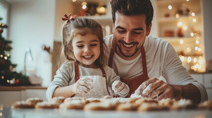 Joyful father and daughter baking cookies together in a cozy kitchen setting during the holiday season, sharing a happy moment surrounded by warm lights and festive cheer.