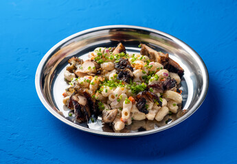 GRILLED CHICKEN MACARONI SALAD served in plate isolated on blue background side view of protein salad