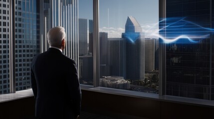 Fototapeta premium A businessman gazes out a high-rise window, observing a futuristic skyline with digital elements, symbolizing innovation and ambition.