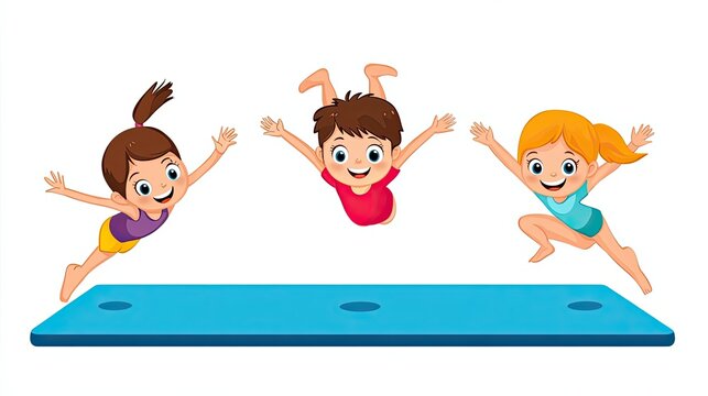 Three Children Jumping off a Blue Diving Board