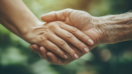 close up image of people hands, one person's hand with youthful skin and the other hands of another person with aged skin, two hands gently holding each other 