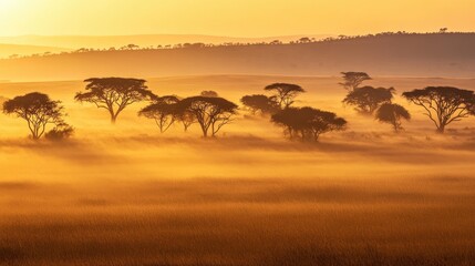 A panoramic view of the savannah at dawn, with mist rising over the golden grass and the silhouette of distant trees.