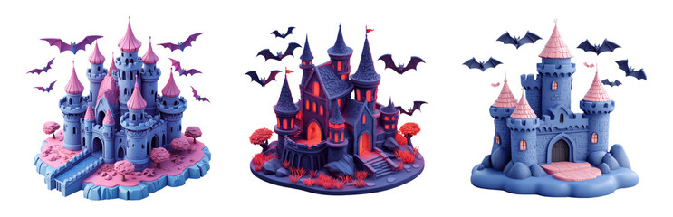 Colorful Fantasy Castles with Bats and Trees. 3D icons and objects collection, in cartoon style isolated on transparent background