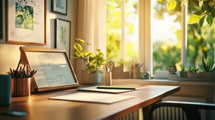 A sunlit workspace featuring plants, art, and stationery, ideal for creativity and productivity.